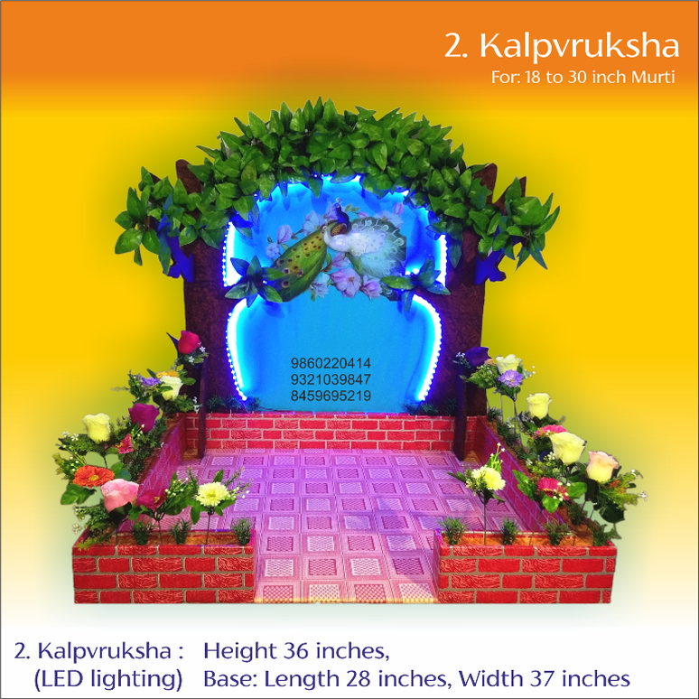 One of India's oldest tradition in India is of worshiping trees. The most sacred tree is Kalpavruksha (Wish fulfilling tree). Ganesha and Kalpavruksha together, flowers decor surrounding and blue LED backdrop lights makes divine atmosphere at your home. It is completely folding model easy to assemble, disassemble and store. Spacious to keep Samai / Diya, all pooja items inside the makhar / decoration itself.